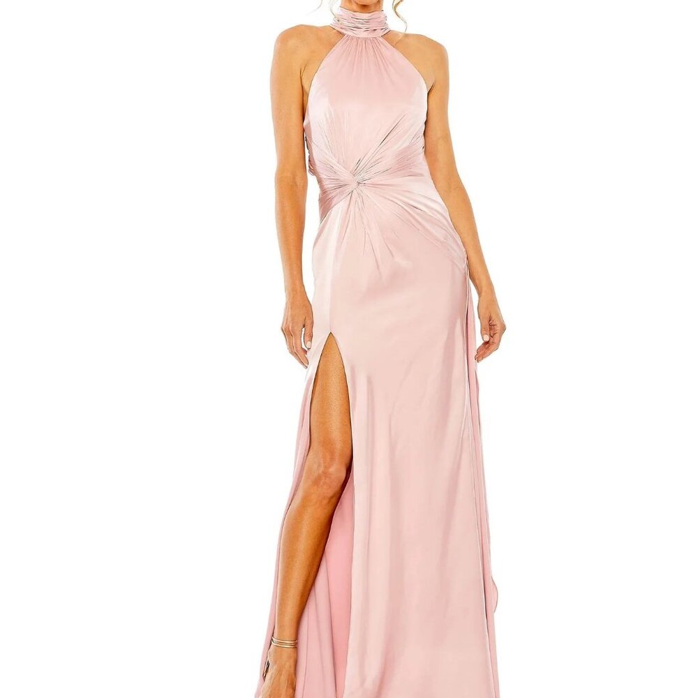 NWT Mac‎ Duggal 11642 Long Satin Ruched Evening Gown Open Back High Neck Pink